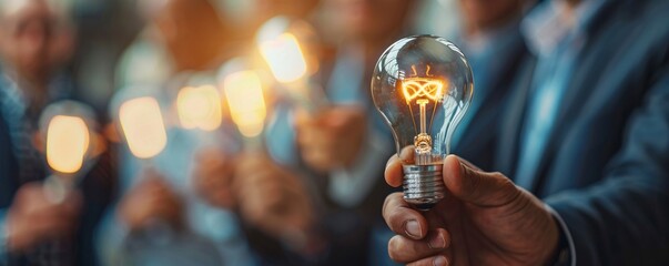 Leinwandbilder - Businessman and business team with illuminated light bulbs
