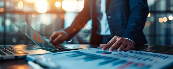Poster - Late-night businessman analyzing financial charts and data on his laptop