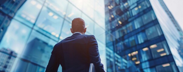 Poster - Businessman strolling toward contemporary city office buildings