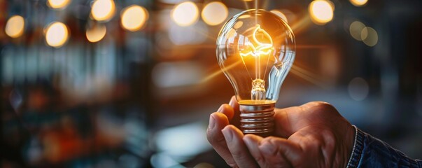 Leinwandbilder - Person holds a glowing lightbulb in their hands, with blurred lights in the background