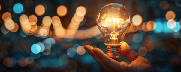 Leinwandbilder - Hand holding a glowing light bulb with a defocused city lights background at night