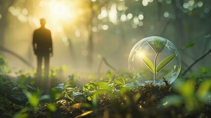 Sticker - Concept of environmental protection showing a businessman admiring a young plant growing in a bubble