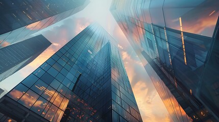 Aufkleber - Glass skyscrapers in a modern city reaching towards the cloudy sunset sky