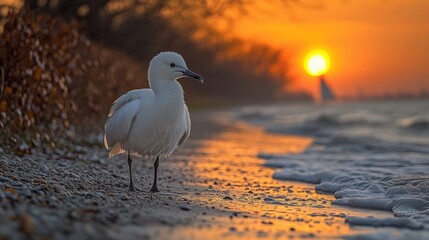 Wall Mural - Stunning Sunset Beach Scene with Seagull by the Ocean Waves and Golden Hour Light - Perfect Tranquil Nature Moment Captured on Serene Autumn Evening