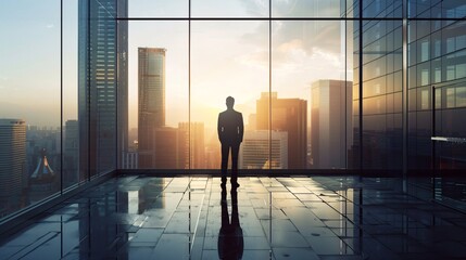 Poster - Businessman admiring city skyline at sunset from modern office