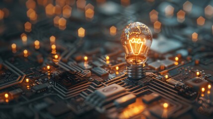 Fototapete - Glowing light bulb is illuminating a computer motherboard, symbolizing technological advancement and innovative ideas