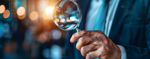 Poster - Businessman uses a magnifying glass to search for opportunities and assess potential risks