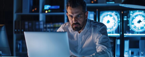 Poster - Focused it engineer working late night in a data center using a laptop to monitor servers
