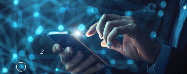 Fototapete - Businessman holding smartphone and connecting to global network