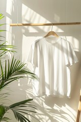 Aufkleber - White t-shirt hanging on a wooden hanger with palm tree leaves casting shadows on a white wall