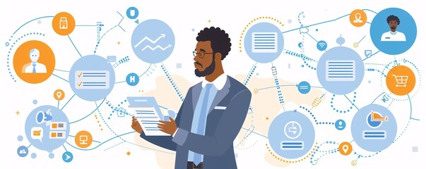 Fototapete - Businessman analyzing data flow chart managing business processes organization working with data