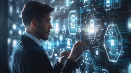 Aufkleber - Businessman is touching a futuristic interface of a digital virtual web network