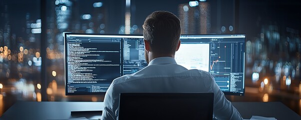 A focused programmer works late at night, surrounded by multiple monitors displaying complex code. The city skyline sparkles in the background, highlighting modern tech culture.