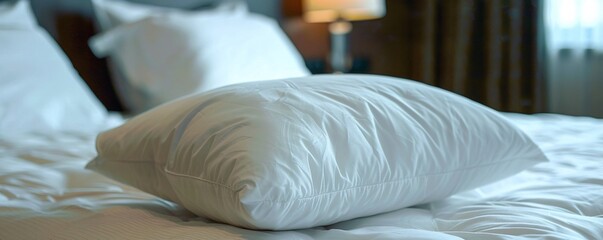 Poster - Cozy and inviting atmosphere is suggested by a white pillow resting on a bed with white sheets