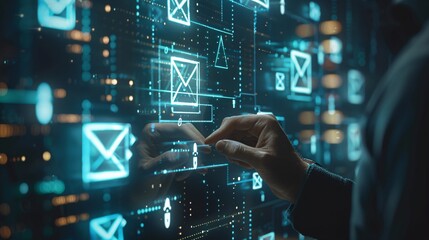 Aufkleber - Businessman interacting with a digital wall with email icons, concept of marketing and digital communication