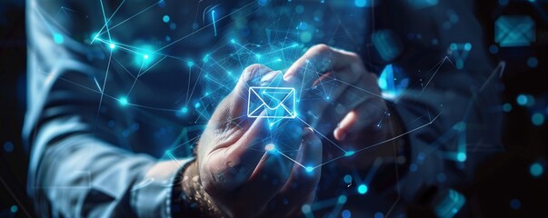 Poster - Businessman holds a glowing email icon, representing worldwide connectivity and digital communication