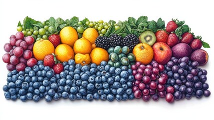 Wall Mural - Vibrant assortment of fresh fruits arranged artfully on a white background, showcasing variety