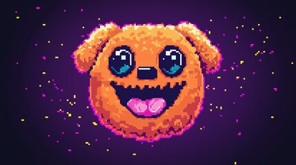 Wall Mural - Orange Furry Dog Pixel Art Smiling With Big Eyes And Pink Tongue Against Dark Purple Background.