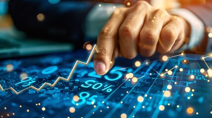 Poster - Entrepreneur examining a rising chart on a cutting-edge digital display, indicating favorable outcomes for his company