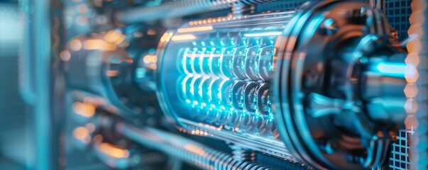 Fototapete - Advanced glass cylinder engine emitting blue light and producing energy in a high-tech industrial plant