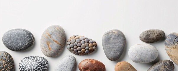 Poster - Smooth polished pebbles arranged in a horizontal line against a pristine white backdrop