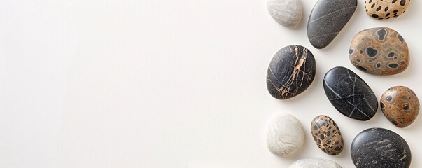 Poster - Variety of smooth polished black and white stones forming a border on the right side of a white background