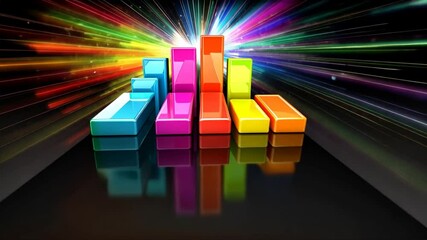 Aufkleber - Colorful 3D bars rise against vibrant background, creating dynamic reflections that add energy and excitement to design of data visualization.