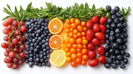 Wall Mural - Colorful arrangement of fresh fruits including grapes, blueberries, oranges, and strawberries on a white background