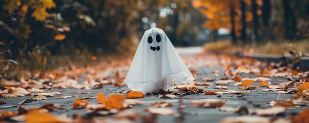 Wall Mural - Funny halloween ghost standing on a path in an autumn park