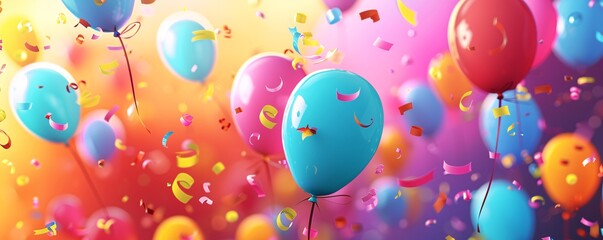 Aufkleber - Vibrant balloons drifting amidst cascading confetti on a lively backdrop, ideal for happy gatherings and special events