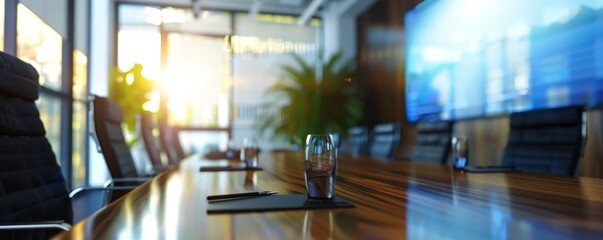 Aufkleber - Morning sunlight fills a modern empty conference room through large windows