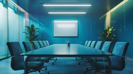Aufkleber - Blue-lit empty boardroom at night, set for a professional meeting