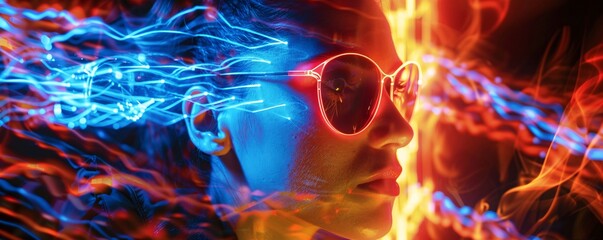 Poster - Young woman wearing sunglasses surrounded by swirling digital lights: concept of artificial intelligence