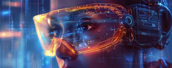Poster - Woman wearing vr headset experiencing a virtual reality world with digital interface