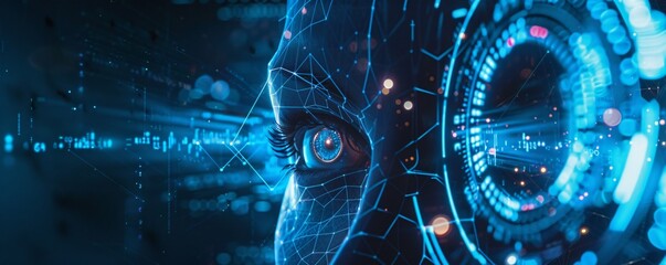Fototapete - Futuristic blue background with artificial intelligence scanning digital interface data