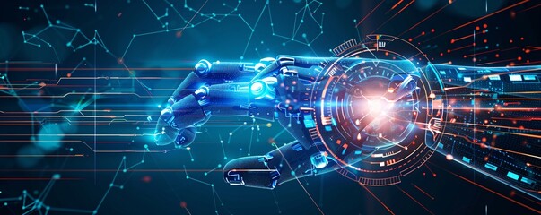 Poster - Robot hand manipulating digital data stream, representing the advancement of technology and creativity