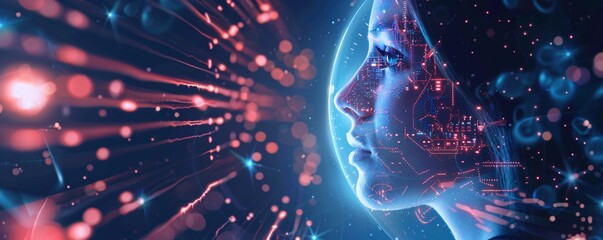 Poster - The merging of woman's profile with artificial intelligence technology showcases the integration of humanity and ai
