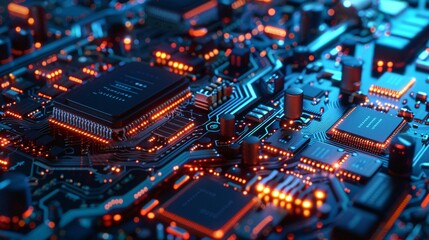 Fototapete - Electronic circuit board showing cpu microchip and components, illuminated in orange and blue