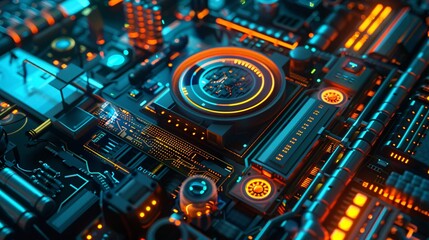 Fototapete - Futuristic device with illuminated lights is processing complex data