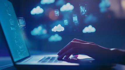 Person using a laptop with cloud computing visualization and floating documents interface