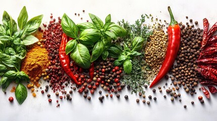 Canvas Print - Colorful assortment of spices and herbs arranged on a surface, showcasing vibrant ingredients for cooking