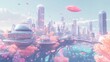 © fatah - Futuristic coastal city, flying vehicles, coral, ocean, sunrise,  digital art, background, advertising