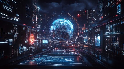 Futuristic control room with holographic Earth.
