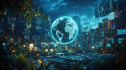 Canvas Print - Futuristic cityscape with glowing Earth globe at night.