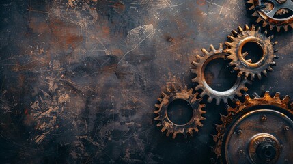 Poster - Various rusty gears forming a border on the right side of a grunge metal background with copy space