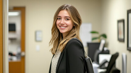 Canvas Print - young woman smiling in professional office setting, wearing black blazer and holding bag. atmosphere is friendly and welcoming, ideal for business environment