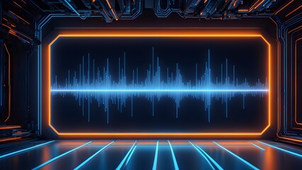Wall Mural - Abstract futuristic neon background with glowing blue soundwave displayed on a dark wall within a sci-fi room.