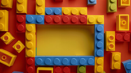 Poster - Colorful toy bricks forming a rectangle on red background with copy space in the center