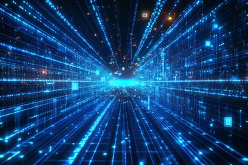 Leinwandbilder - Futuristic Digital Data Stream with Glowing Points of Light in a Blue Tone : Generative AI