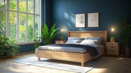 Wall Mural - Serene Minimalist Bedroom with Wooden Bed Frame and Gray Bedding in Modern Scandinavian Style